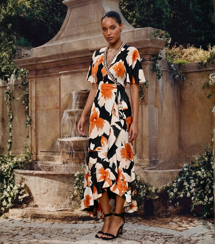 Orange Floral Print Flutter Sleeve Belted Wrap Ruffle Midi Dress