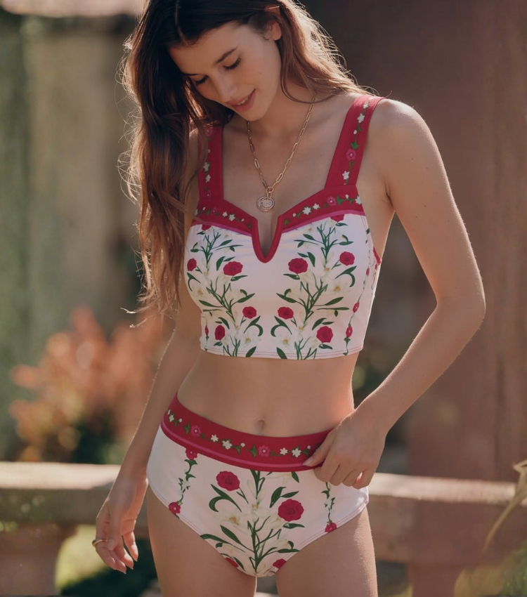  Wine Red Floral Print Two-Piece Swimsuit Set(s)