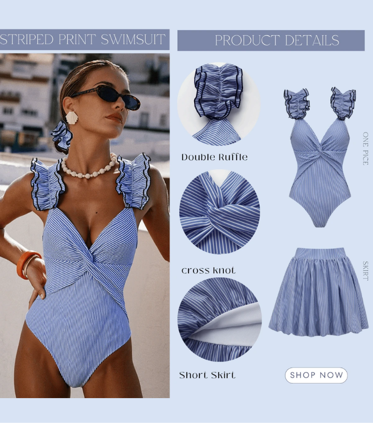 Adjustable Shoulder Strap Double Ruffle Blue Stripes Print One Piece Swimsuit and Skirt