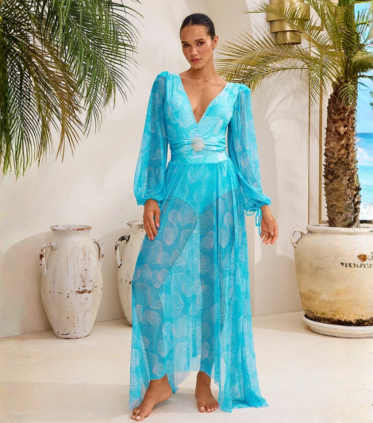 Mesh Splicing Long-sleeved Shell Print One Piece Swimsuit and Skirt