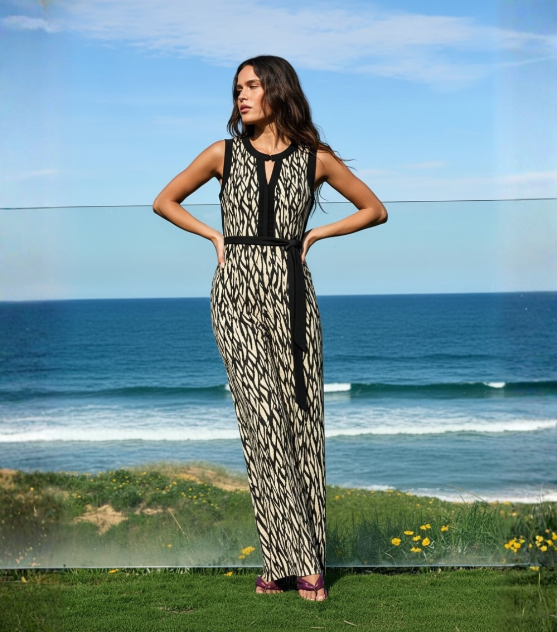 Beige Branch Print Sleeveless Belted Jumpsuit