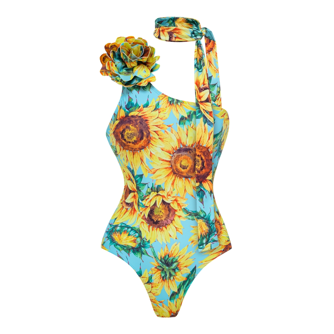 3D Sunflower Print One Shoulder One Piece Swimsuit and Skirt