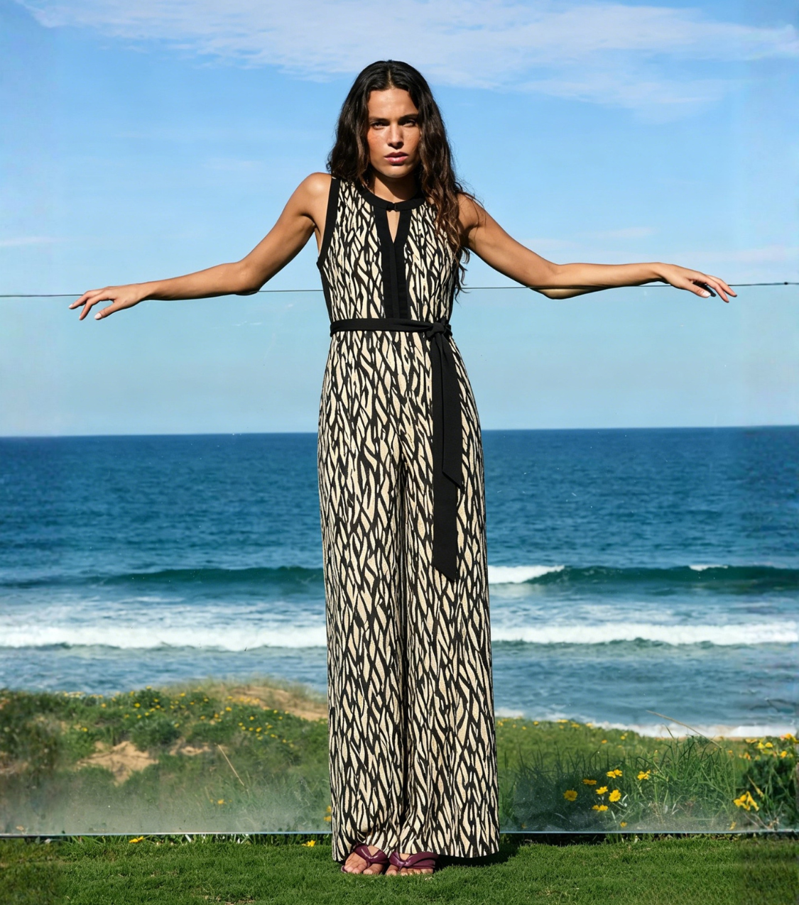Beige Branch Print Sleeveless Belted Jumpsuit
