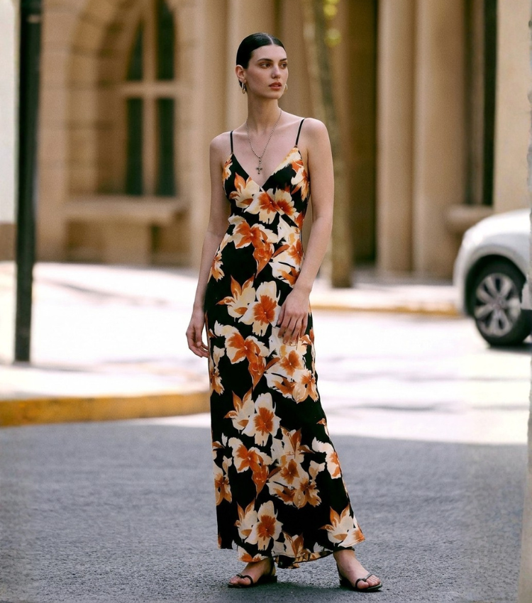 Orange Floral Print V-Neck Spaghetti Strap Wrap Maxi Dress