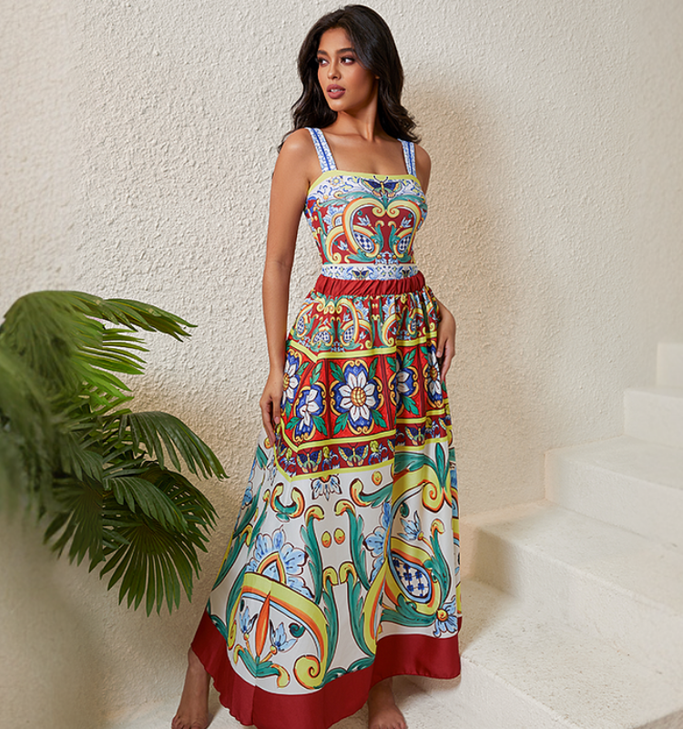 Sling Printed One Piece Swimsuit and Skirt Flaxmaker