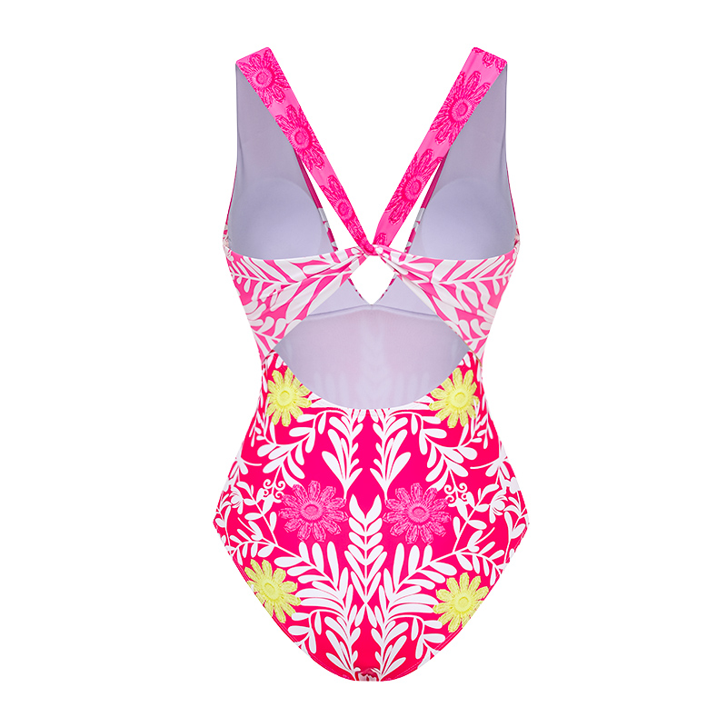 Sexy Deep V Neck Back Lace Up Printed One Piece Swimsuit and Skirt