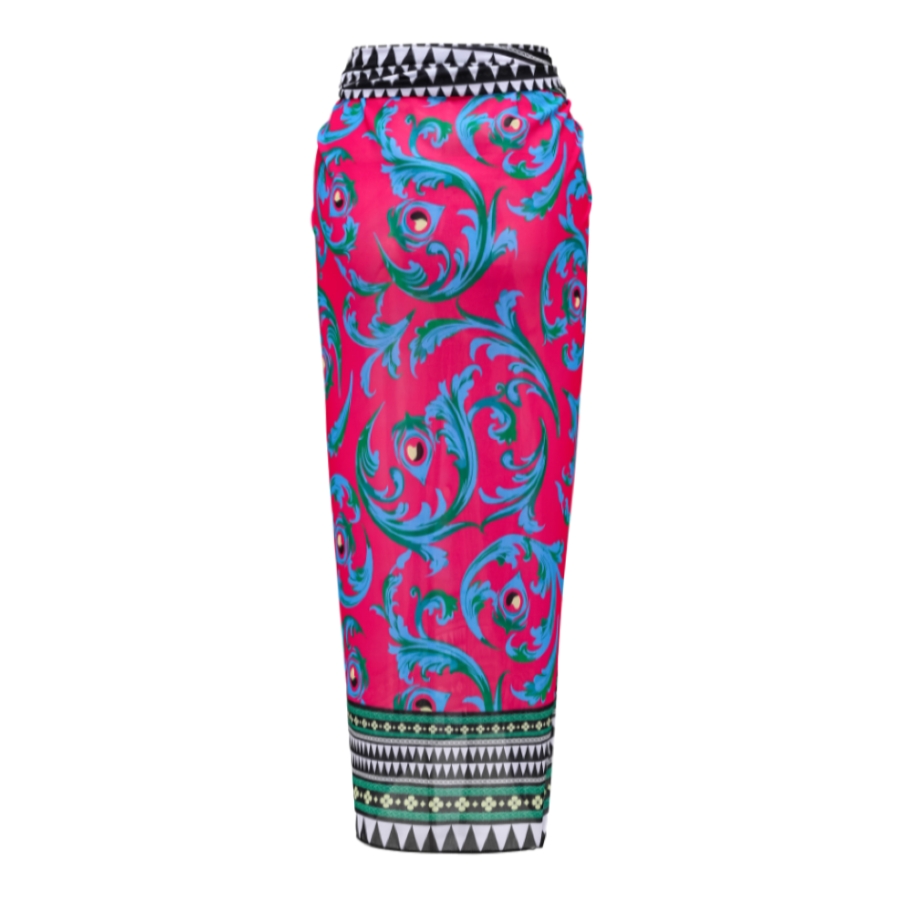 Long-sleeved Peacock Totem Print One Piece Swimsuit and Sarong Flaxmaker