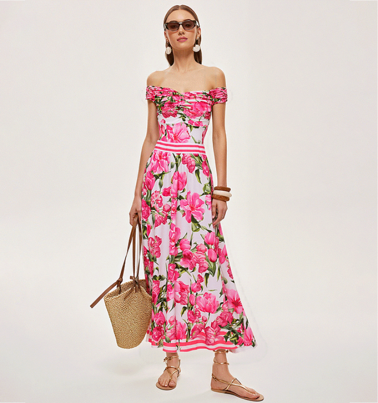 Ruched Off Shoulder Flower Print One Piece Swimsuit and Skirt