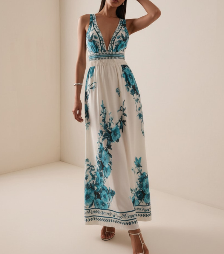 V Neck Dark Cyan Botanical Flower Print Swimsuit Set(s)