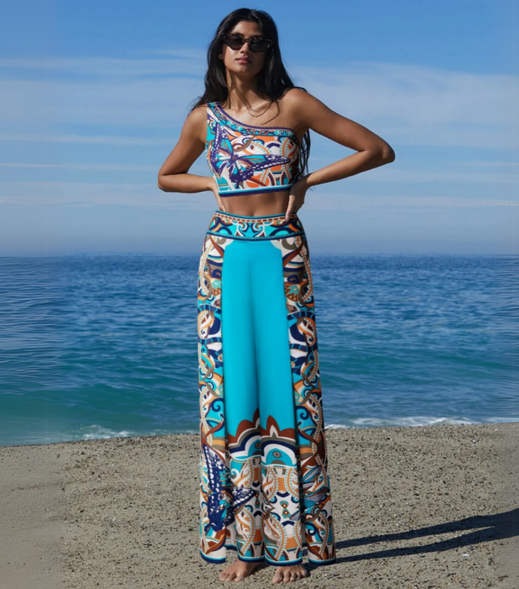 Butterfly and Dragonfly One Shoulder Hollow Print Bikini Swimsuit and Skirt