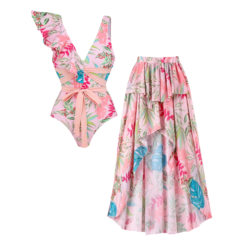 One Shoulder Ruffle Floral Print One Piece Swimsuit and Skirt Flaxmaker