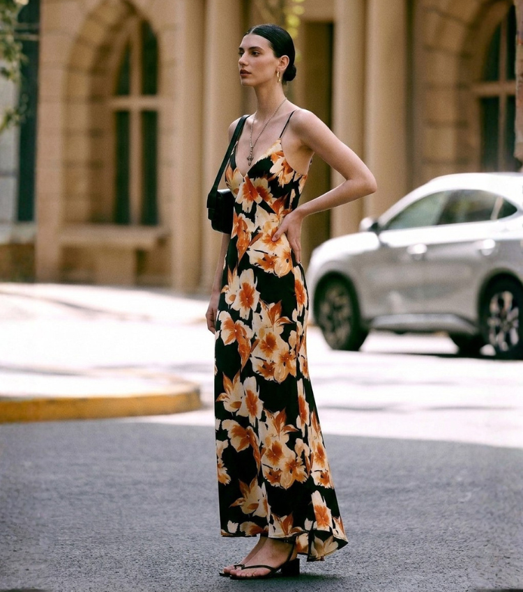Orange Floral Print V-Neck Spaghetti Strap Wrap Maxi Dress