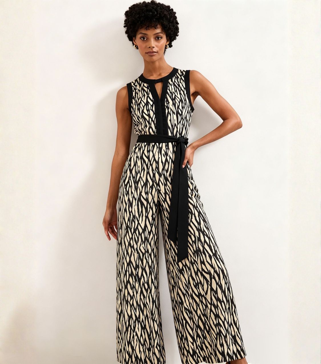 Beige Branch Print Sleeveless Belted Jumpsuit