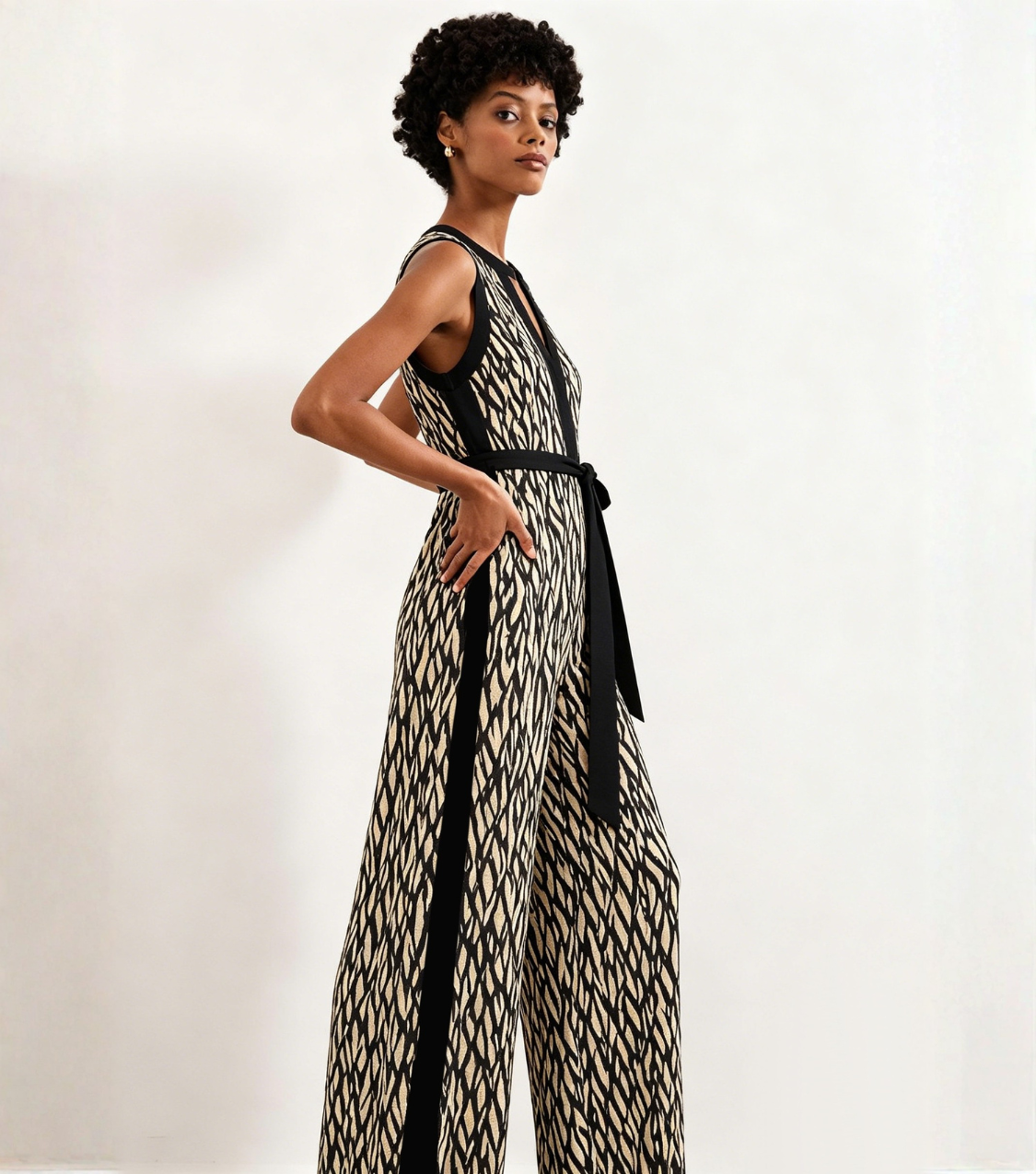 Beige Branch Print Sleeveless Belted Jumpsuit