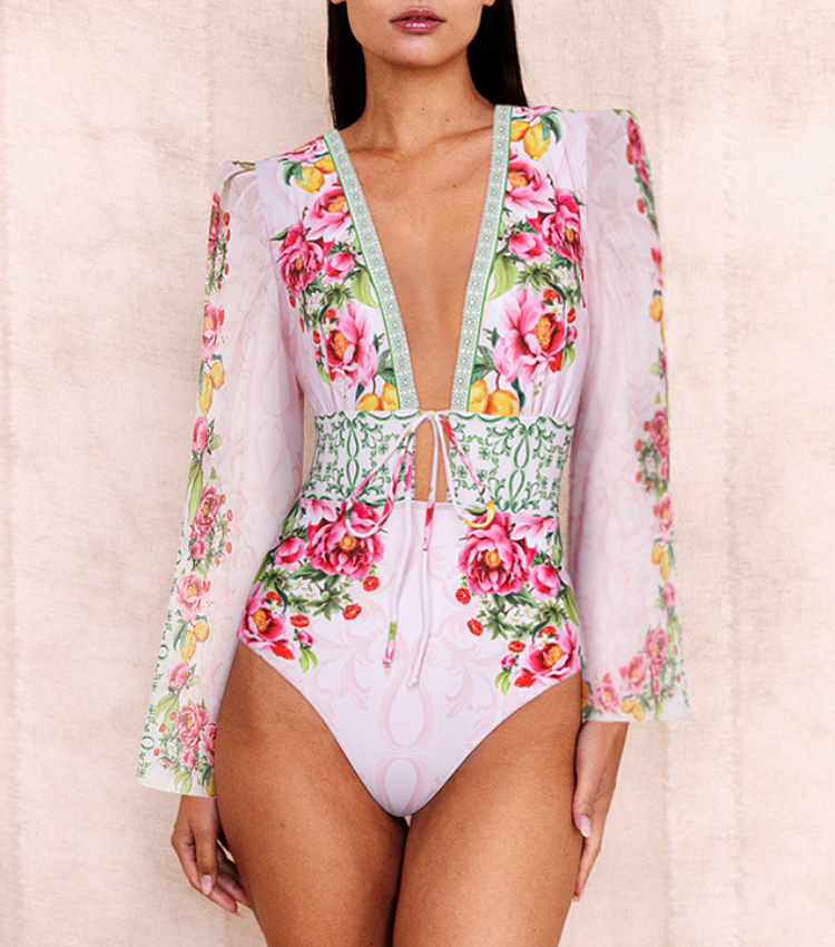 Long sleeves Bow-tie Lemon Floral Pattern Print One Piece Swimsuit and Skirt