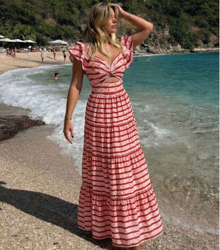 Ruffle Red Striped Printed Cut Out One Piece Swimsuit and Skirt