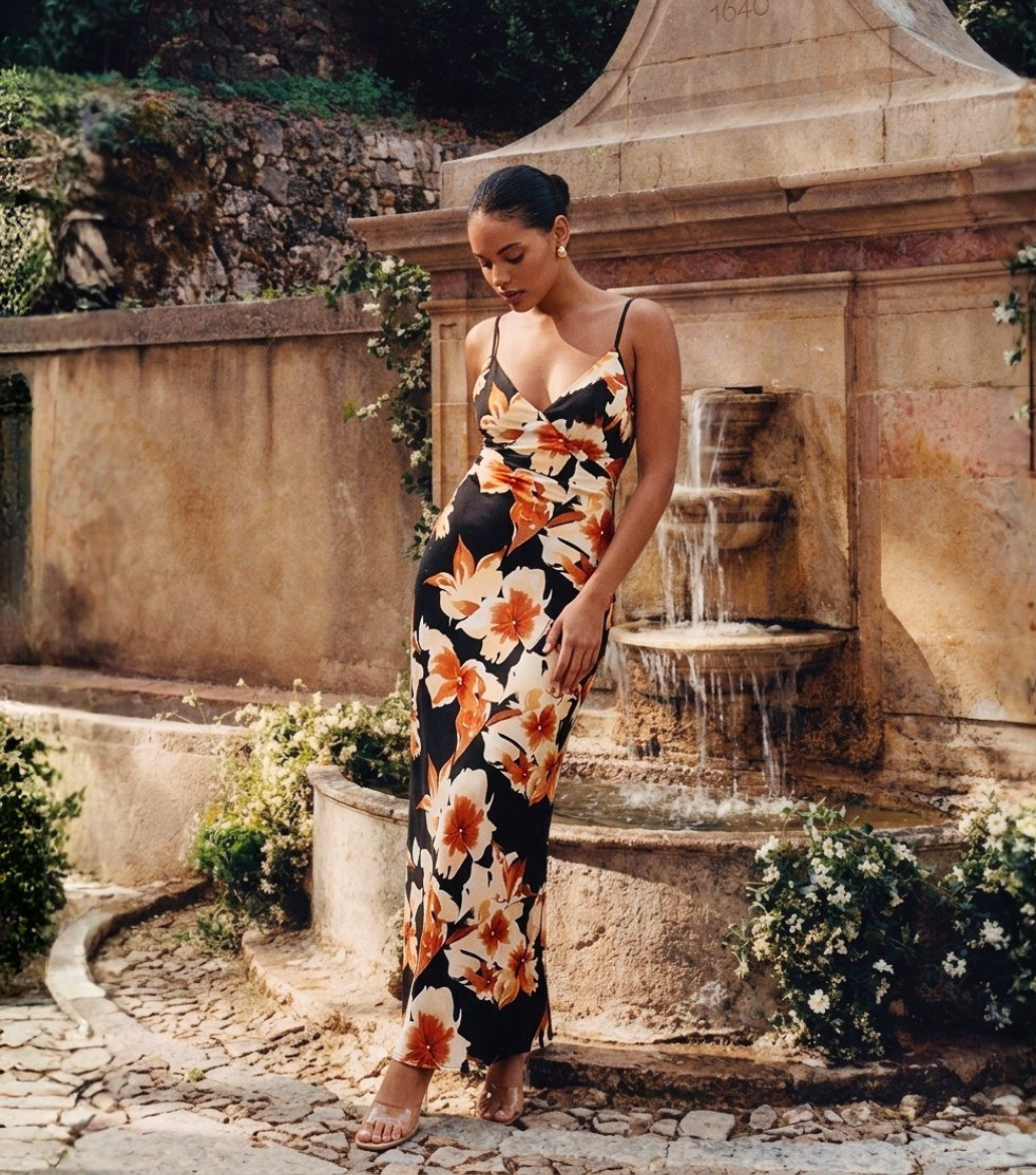 Orange Floral Print V-Neck Spaghetti Strap Wrap Maxi Dress