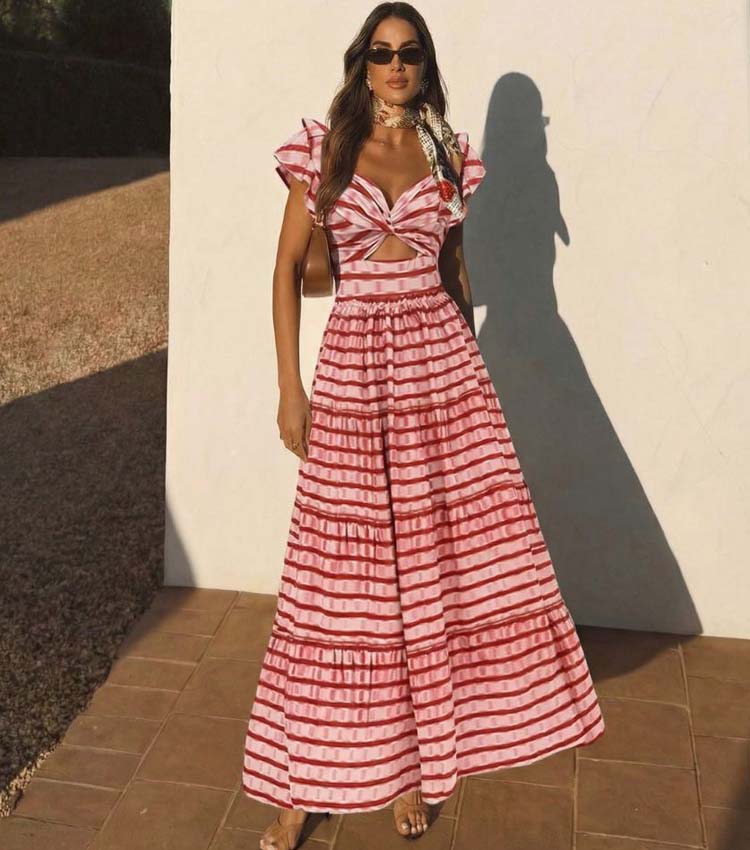 Ruffle Red Striped Printed Cut Out One Piece Swimsuit and Skirt