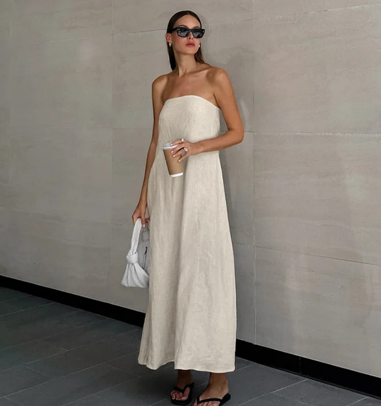 Bandeau Off Shoulder Solid Color Dress