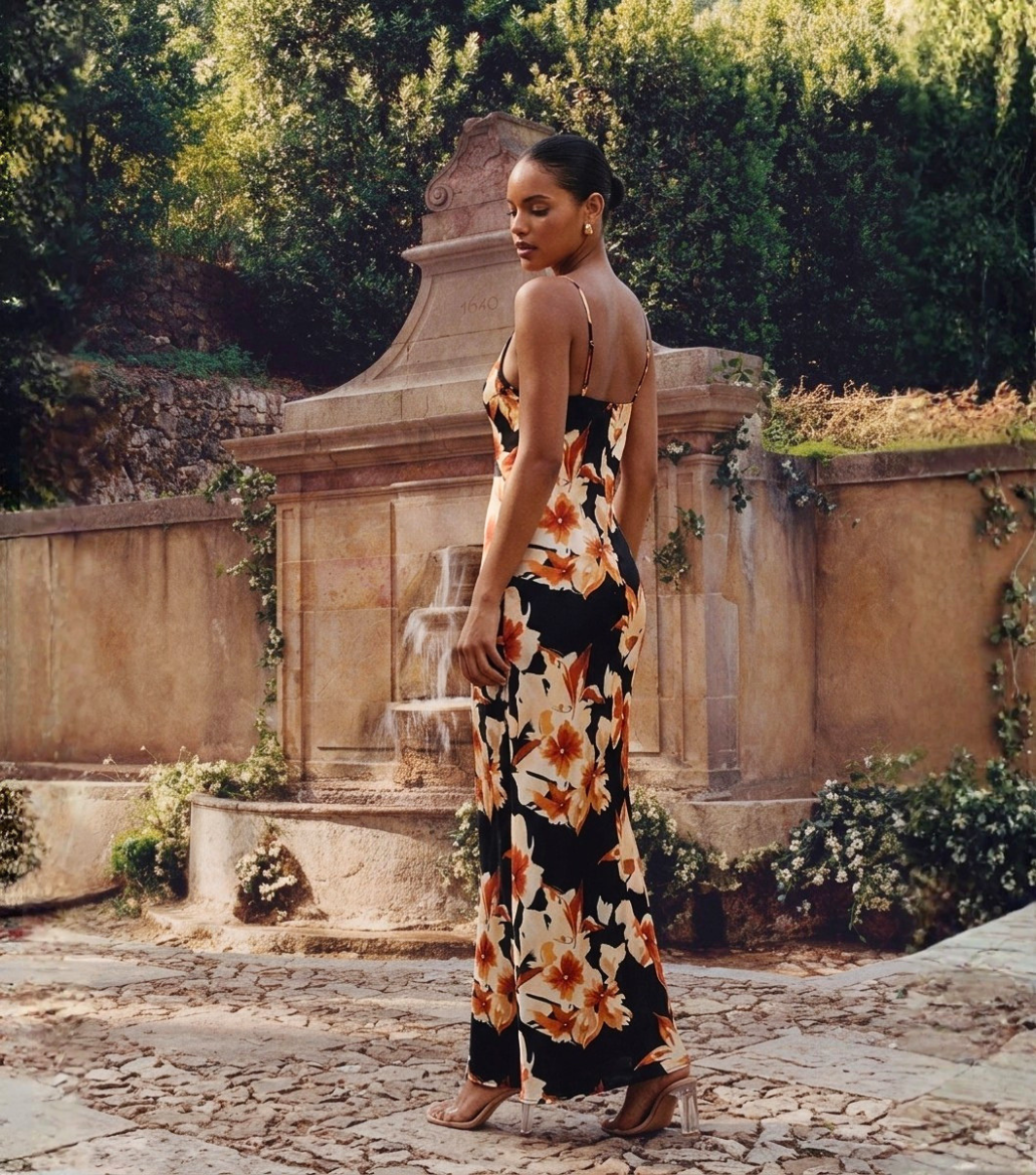 Orange Floral Print V-Neck Spaghetti Strap Wrap Maxi Dress