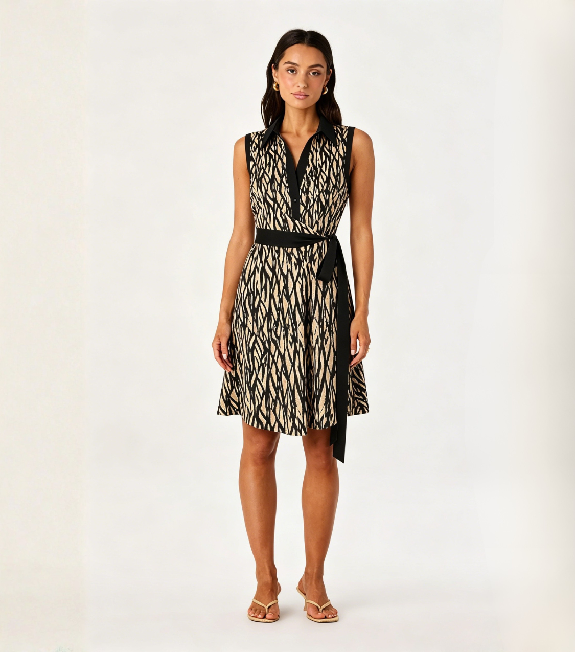 Beige Branch Print Collared Wrap Mini Dress