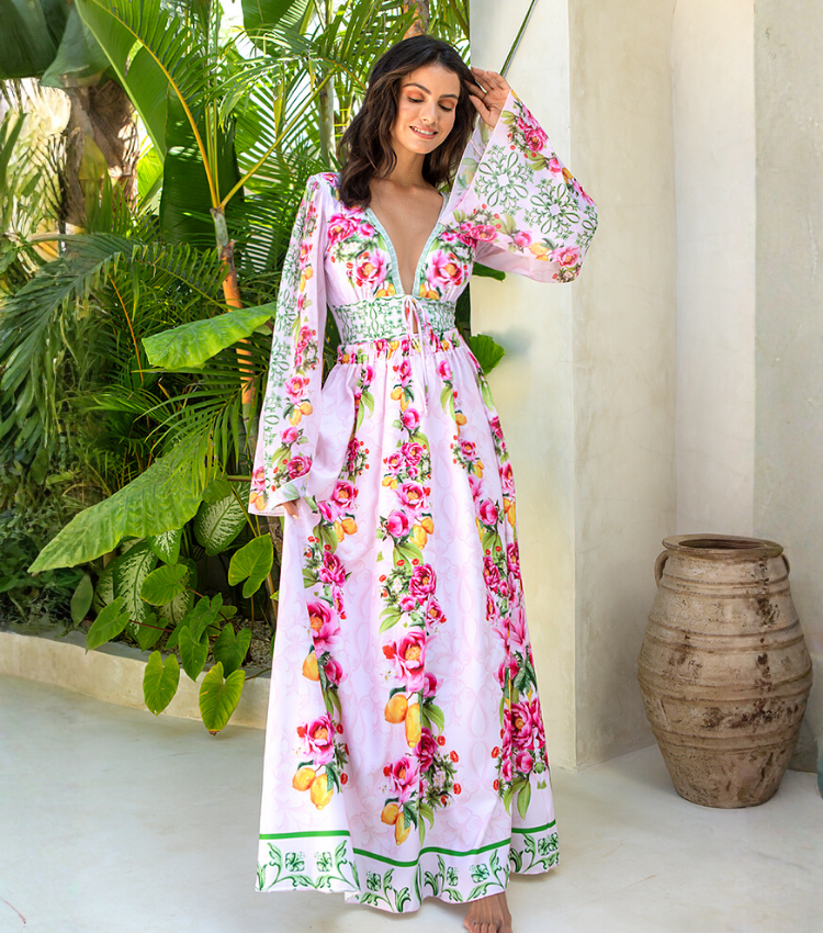 Long sleeves Bow-tie Lemon Floral Pattern Print One Piece Swimsuit and Skirt