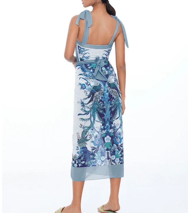 Blue Reversible Bowknot Tie-shoulder One Piece Swimsuit and Sarong/Skirt Flaxmaker