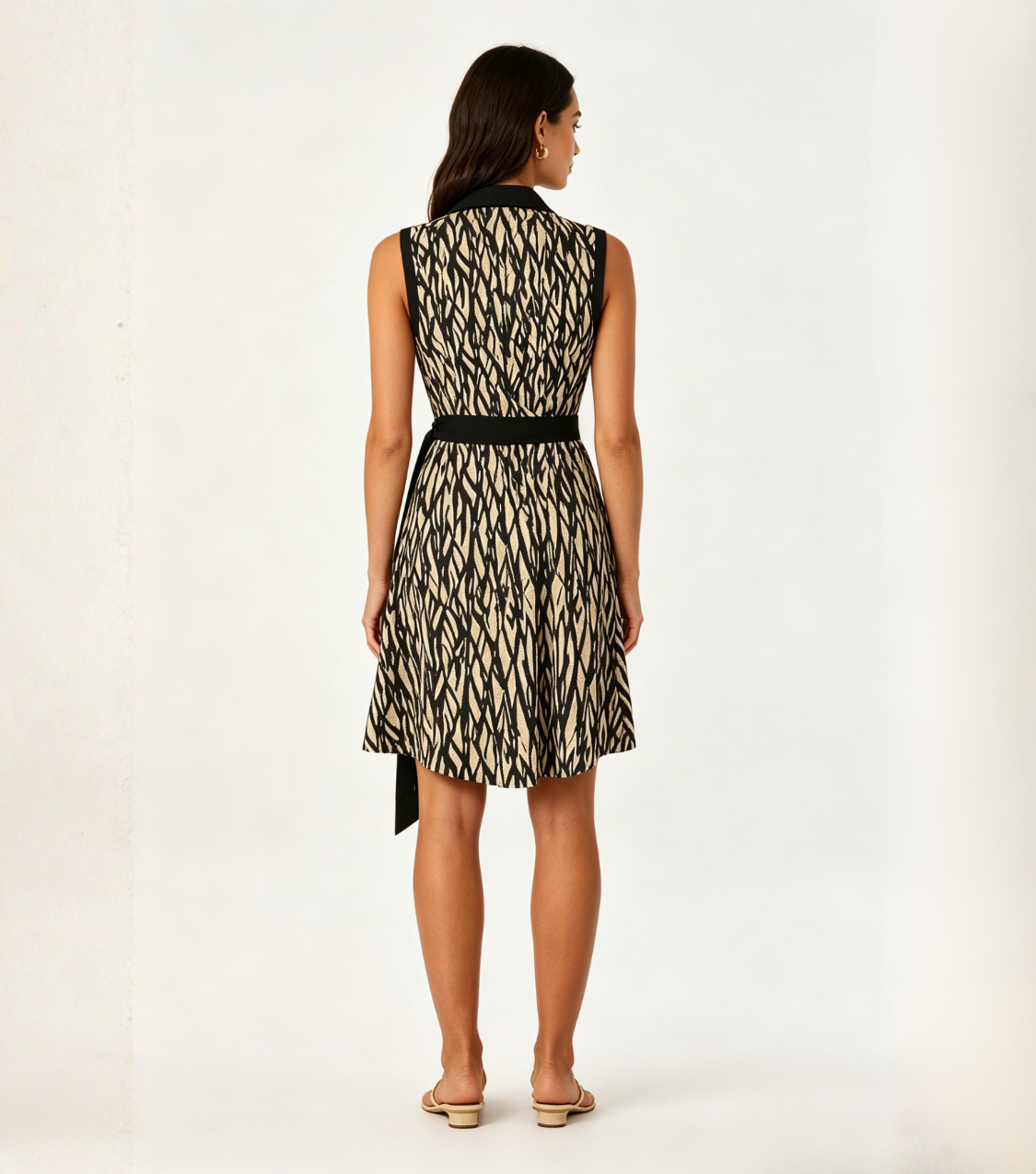 Beige Branch Print Collared Wrap Mini Dress