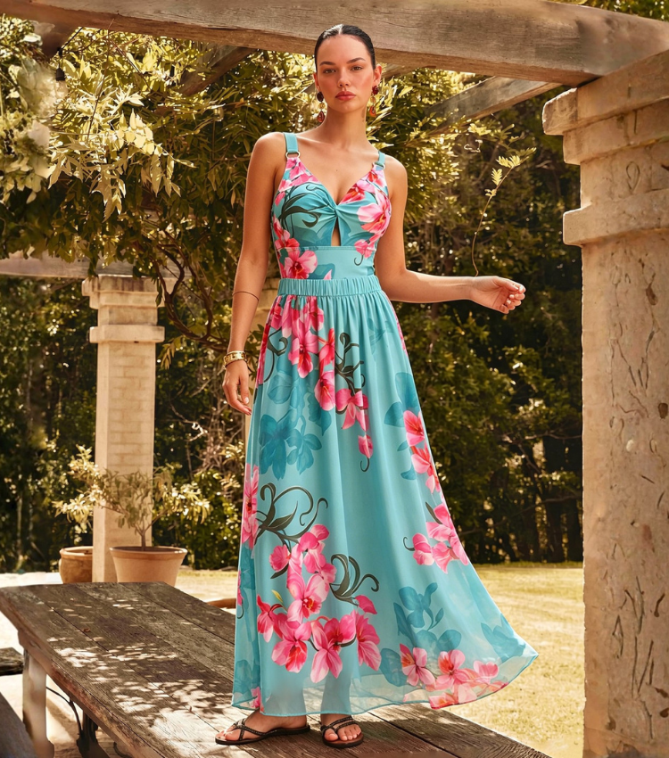 V Neck Turquoise & Hot Pink Orchid Floral  Flower Print Swimsuit Set(s)