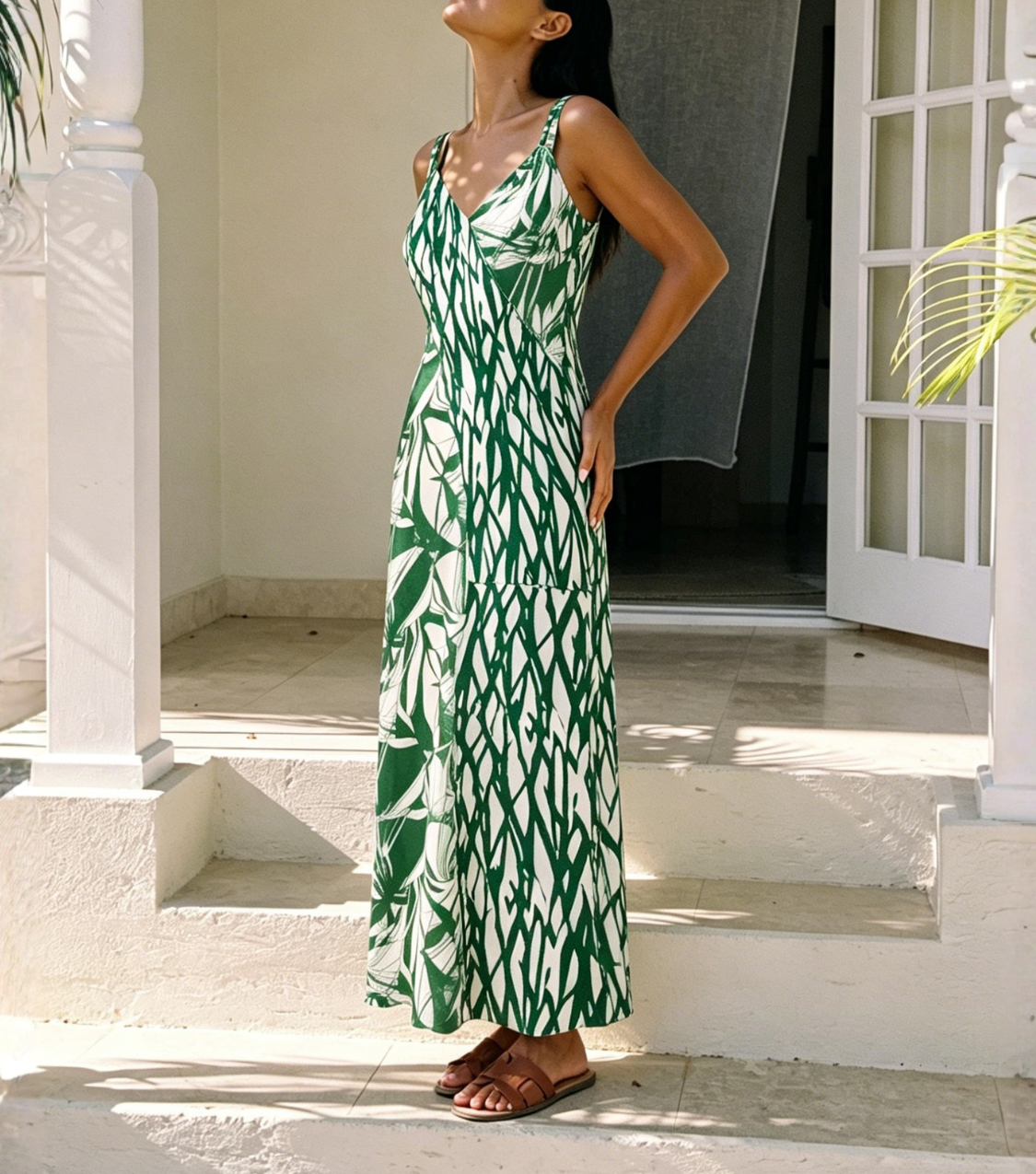 Green Branch Print Spaghetti Strap Maxi Dress