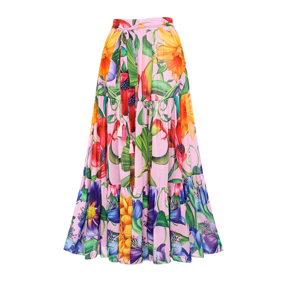 V-neck Long Sleeve Flowers Printed One Piece Swimsuit and Skirt Flaxmaker