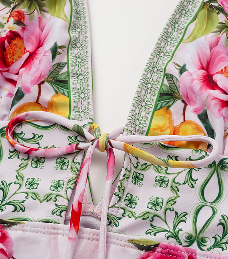 Long sleeves Bow-tie Lemon Floral Pattern Print One Piece Swimsuit and Skirt