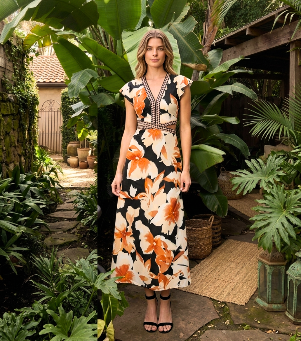 Vintage Orange Floral Print Ruffle Sleeve V-Neck Midi Dress