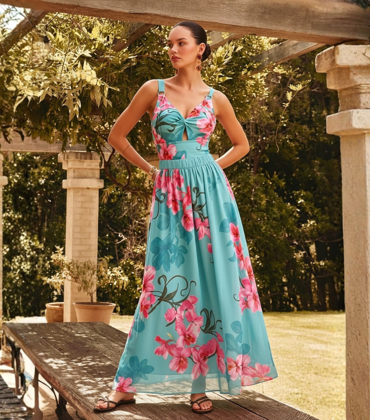 V Neck Turquoise & Hot Pink Orchid Floral  Flower Print Swimsuit Set(s)