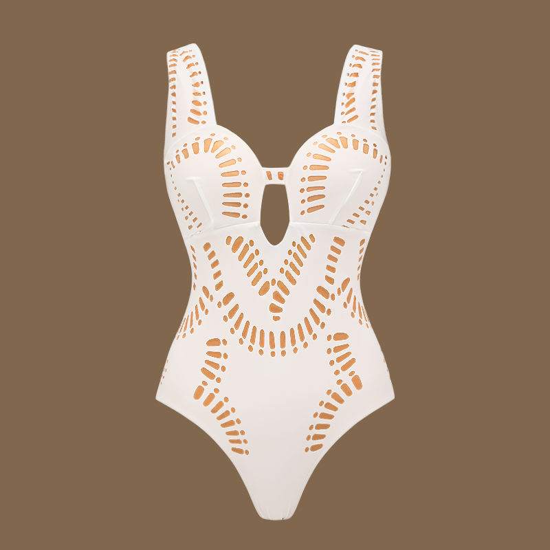 White Hollow Out One Piece Swimsuit and Skirt