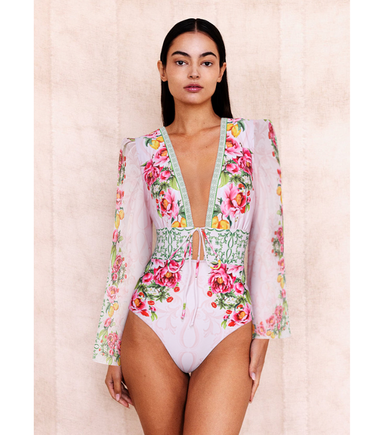 Long sleeves Bow-tie Lemon Floral Pattern Print One Piece Swimsuit and Skirt