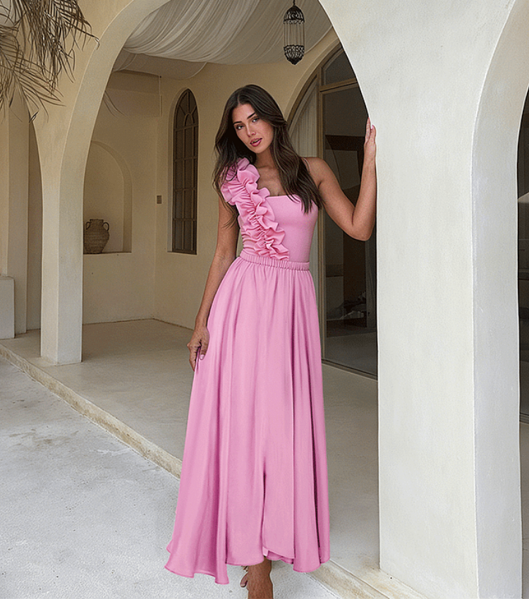 One Shoulder Ruffle Solid Color One Piece Swimsuit and Skirt