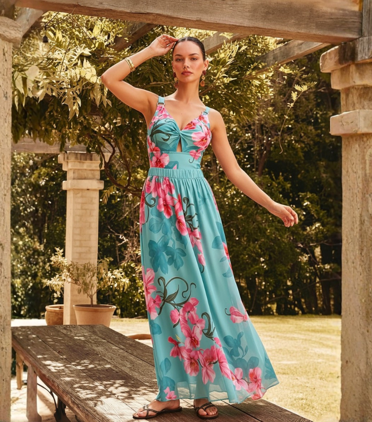 V Neck Turquoise & Hot Pink Orchid Floral  Flower Print Swimsuit Set(s)