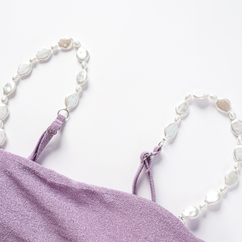 Pearl Shoulder Strap Cutout Shiny Texture One Piece Swimsuit and Skirt