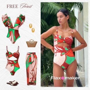 Sling Cut Out Artificial Stone One Piece Swimsuit and Sarong Flaxmaker