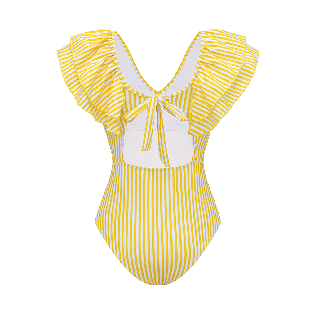 V Neck Ruffle Striped Print One Piece Swimsuit and Skirt