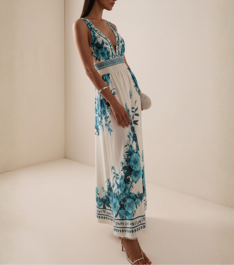 V Neck Dark Cyan Botanical Flower Print Swimsuit Set(s)