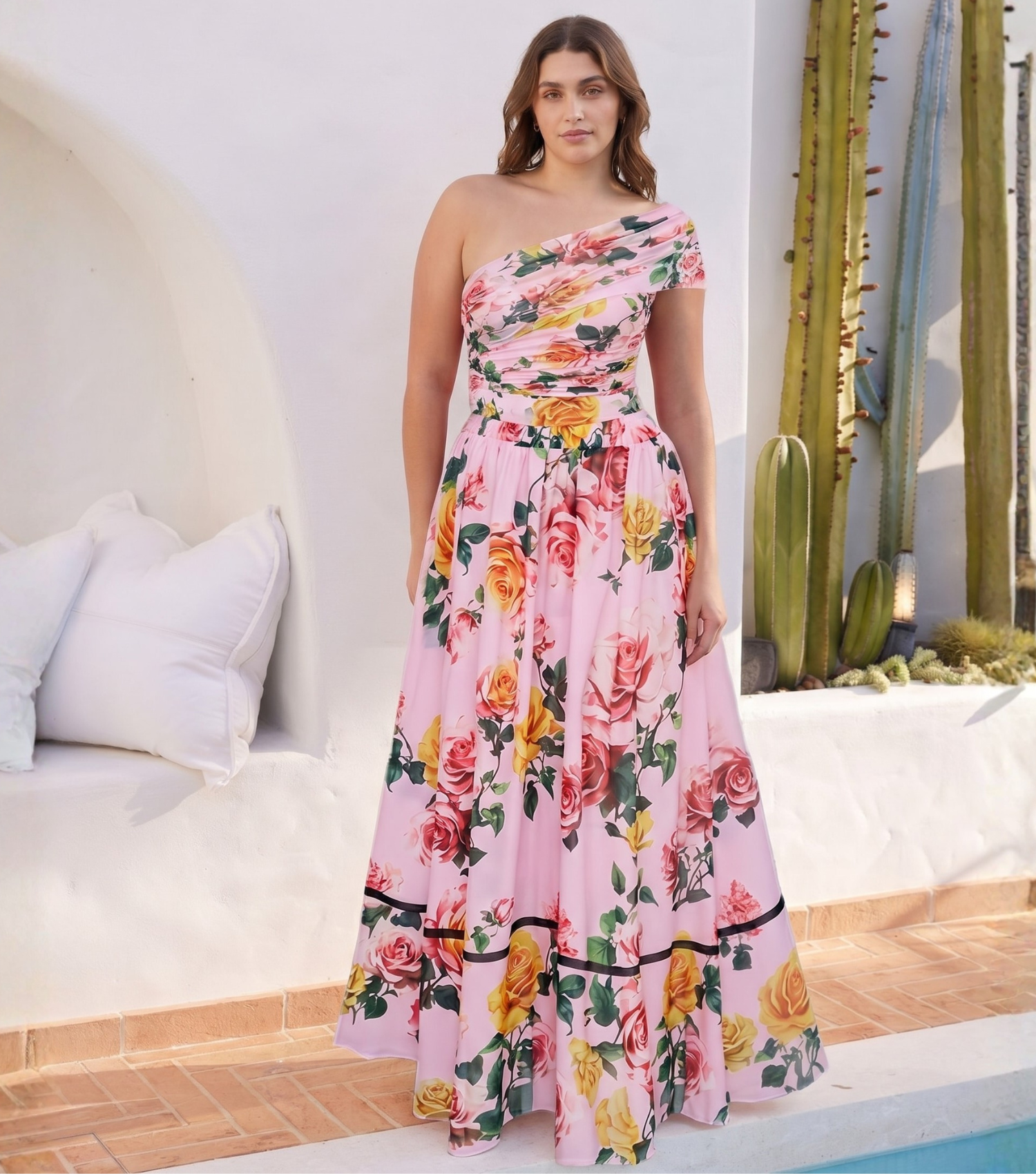 Plus Size Rose One Shoulder One Piece Swimsuit and Skirt