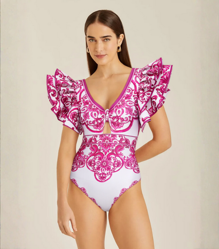 Classic Majolica Series Pattern Print One Piece Swimsuit and Skirt or Shorts