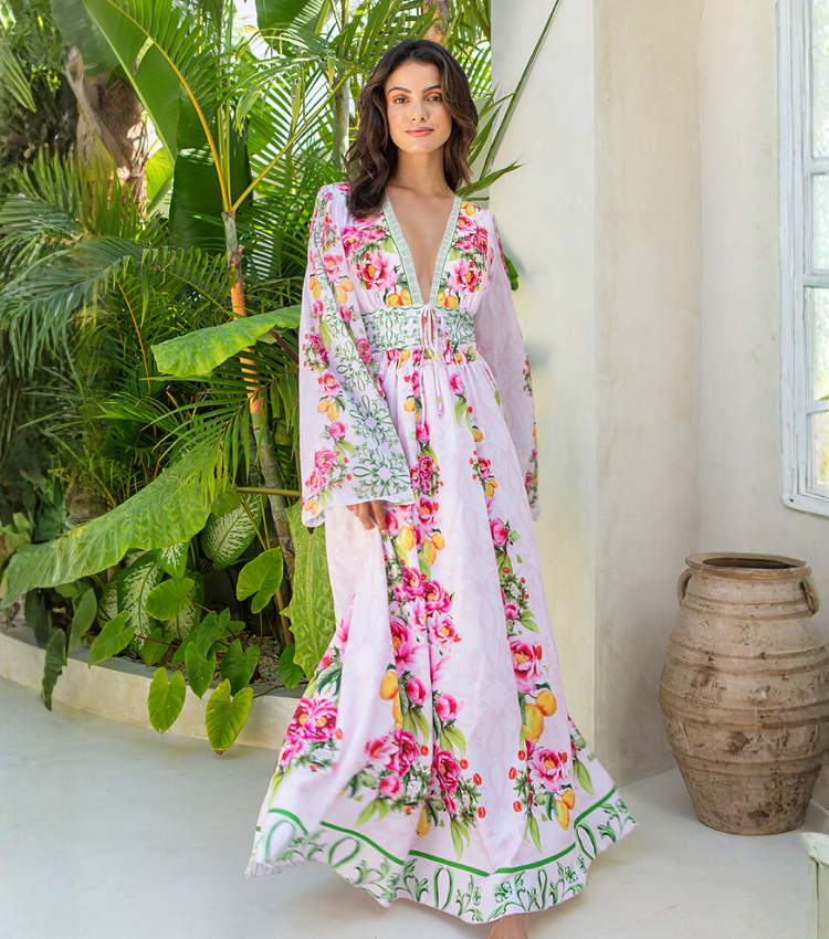 Long sleeves Bow-tie Lemon Floral Pattern Print One Piece Swimsuit and Skirt