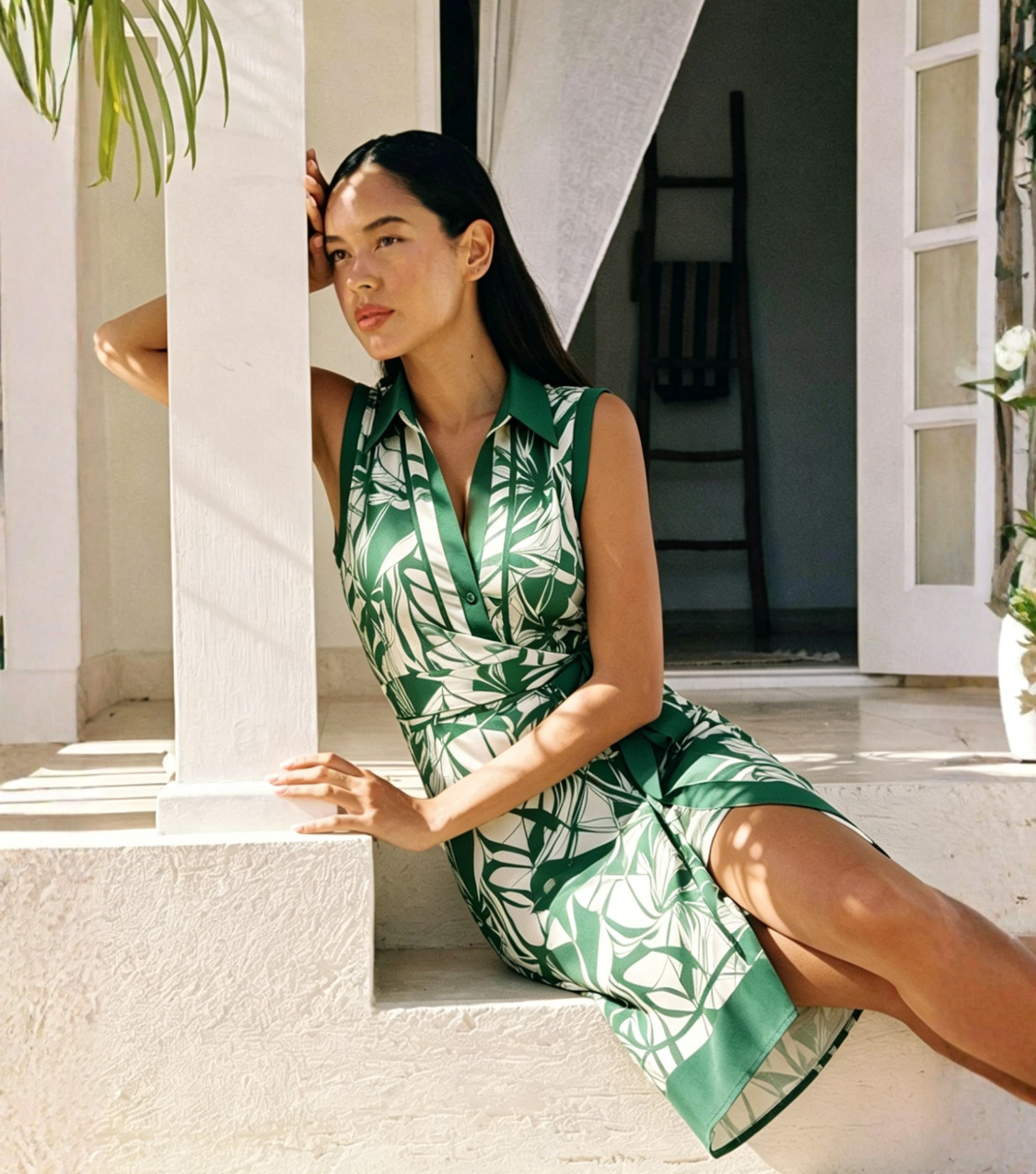 Green Branch Print Collared Wrap Mini Dress