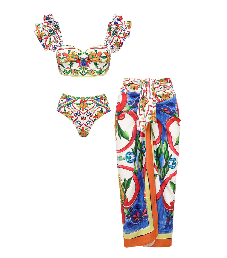Ruffle Sleeves  Paisley-print  Bikini Swimsuit and Sarong