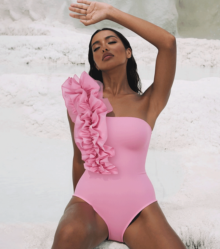 One Shoulder Ruffle Solid Color One Piece Swimsuit and Skirt