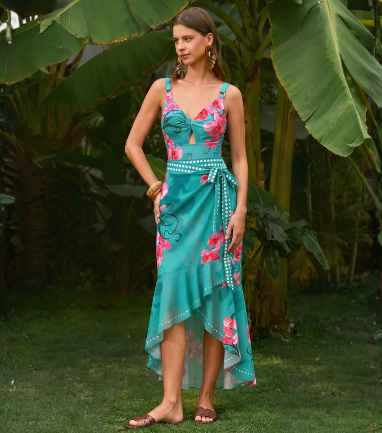 V Neck Turquoise & Hot Pink Orchid Floral  Flower Print Swimsuit Set(s)