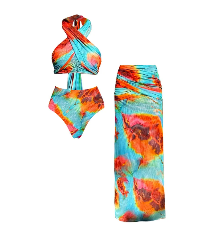 Blue-Orange Gradient Halter Neck Bikini Swimsuit and Skirt